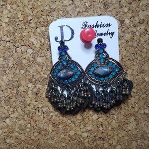 Blue Stone and Rhinestone Eye Shape Metal Earrings